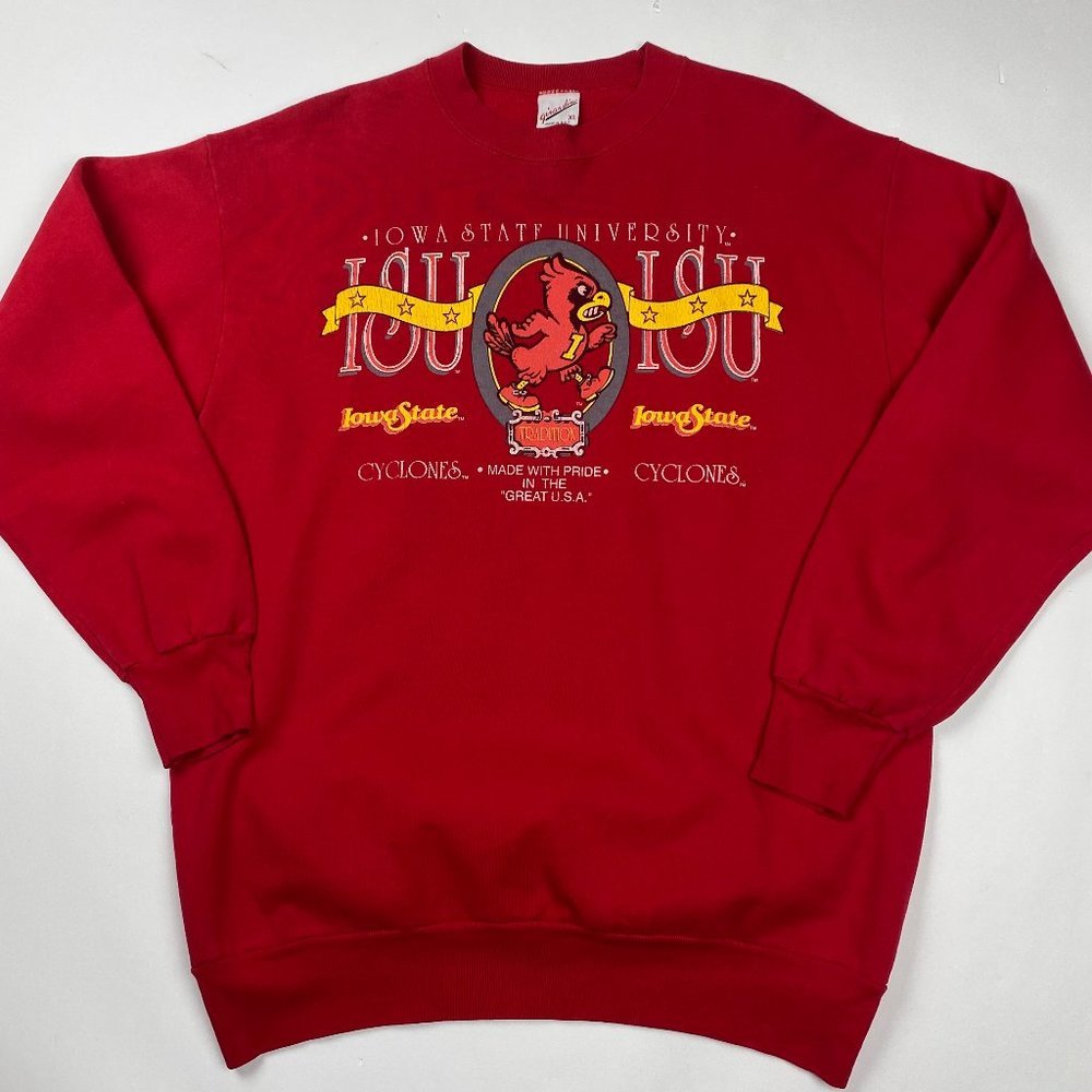 Vintage 90s Iowa State Cyclones ISU Sweatshirt Sweater Mens Medium Red Made USA